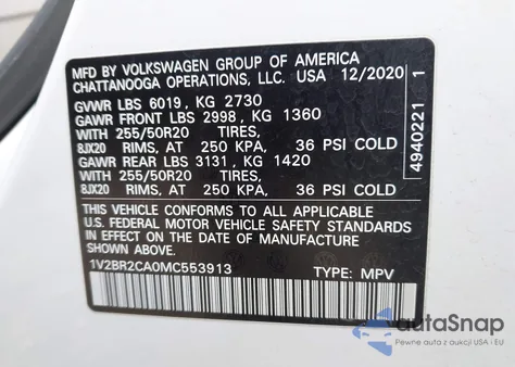 2021 Volkswagen Atlas 3.6L V6 Sel из США, поврежденный, VIN 1V2BR2CA0MC553913